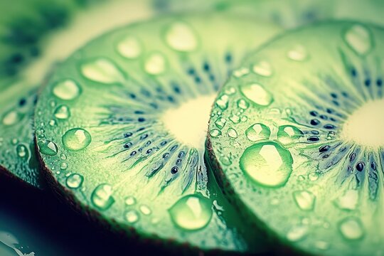 Close-up view of a sliced kiwi with water droplets.