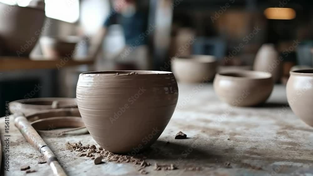 Poster close-up of a clay pot in a pottery studio surrounded by tools and other pots. a person works in the