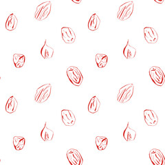 Seamless pattern with hand drawn nutmeg whole and cut spice sketch in red on white background for kitchen or food packaging design