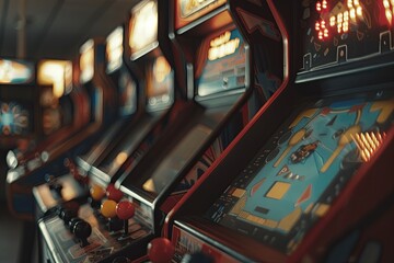 Multiple arcade game machines glow brightly in a nostalgic indoor arcade. Games in progress create a vibrant atmosphere, evoking memories of fun nights out.
