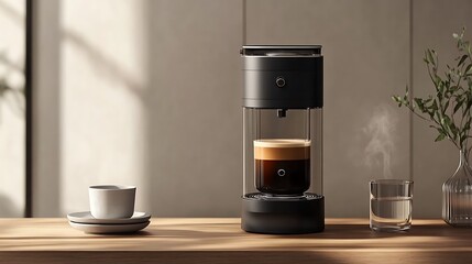 Espresso maker brews coffee with steam near a cup of water and white ceramic mug on a bright wooden table.