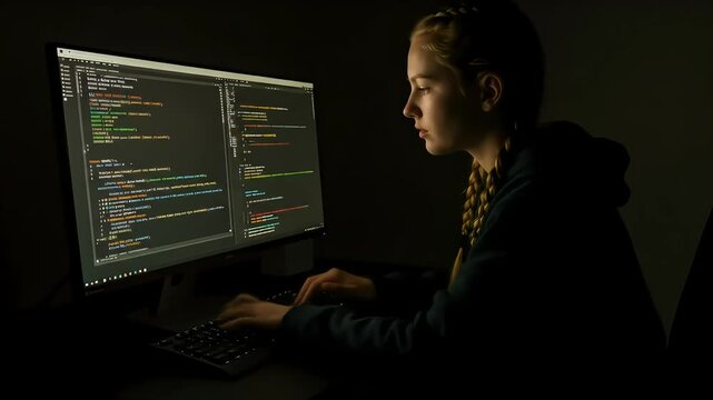Cybersecurity Engineer Coding Cloud Security System at Night in Dark Room