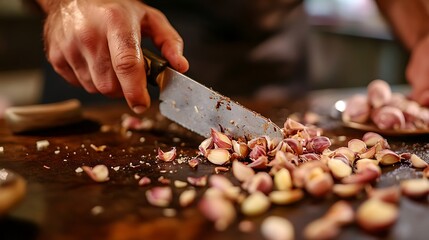 A culinary preparation featuring chopped garlic on a wooden board, enhanced by natural light and a sharp chef's knife.
