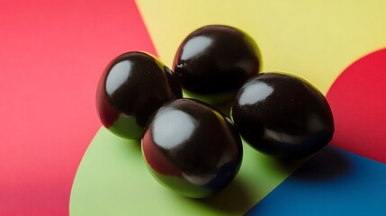 Black olives beautifully arranged on colorful geometric shapes for a vibrant and modern food presentation, studio shot