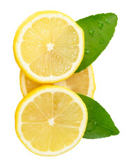 Front view of ripe yellow lemon fruit or slices in three circles with green leaves isolated on...