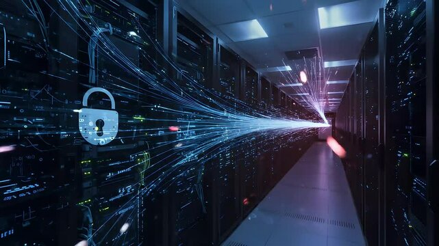 Advanced Cybersecurity in Cloud Infrastructure with Glowing Blue Lock in Modern Data Center