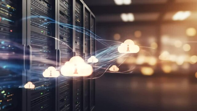 Futuristic Glowing Cloud Icons Representing Cloud Computing and Cybersecurity in Server Room