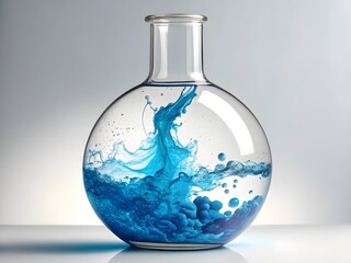Blue Liquid in Erlenmeyer Flask: Abstract swirling blue liquid inside a clear glass Erlenmeyer flask against a light gray background, suggesting scientific experimentation or artistic expression.