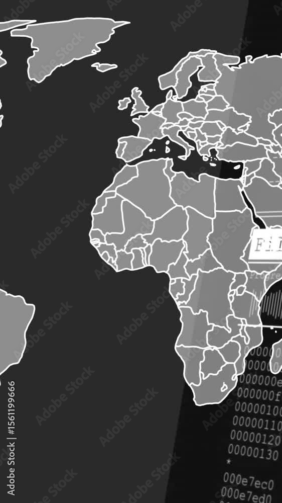 Poster File encryption text animation over world map and digital data coding background
