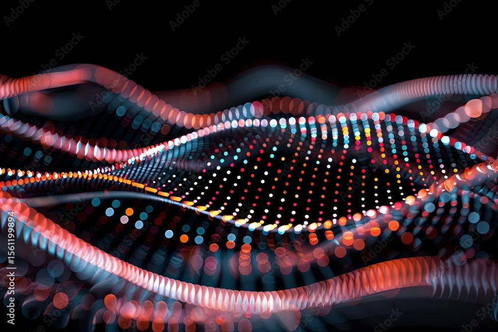 Poster vibrant, multicolored light patterns flow dynamically against a dark background. energetic abstract 