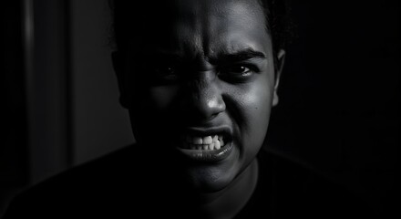 Fototapeta premium A dramatic black and white portrait of a young man expressing intense anger and rage. His face is contorted in frustration, with bared teeth in a dark room.