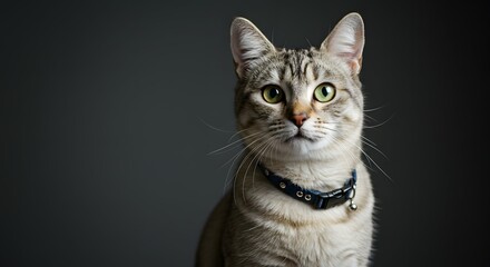 A beautiful domestic tabby cat with stunning green eyes and a collar, posing for a studio portrait against a simple dark grey background with copy space.