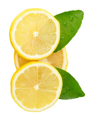 Front view of ripe yellow lemon fruit or slices in three circles with green leaves isolated with...
