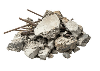 Pile of damaged concrete chunks with embedded metal rods Isolated on a transparent background