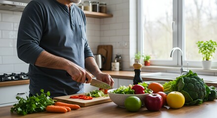 Mature man preparing a healthy meal, chopping colorful organic vegetables on a wooden board in a bright, modern kitchen. Concept of nutritious diet.