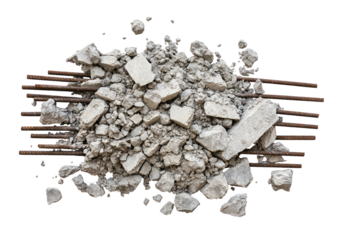 Broken concrete debris with exposed rebar and crumbled texture Isolated on a transparent background