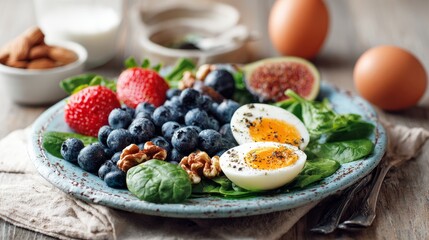 Healthy breakfast plate with eggs, berries, nuts and greens on rustic table. Colorful plate of energy-boosting foods like berries, nuts, eggs and spinach, concept of healthy eating