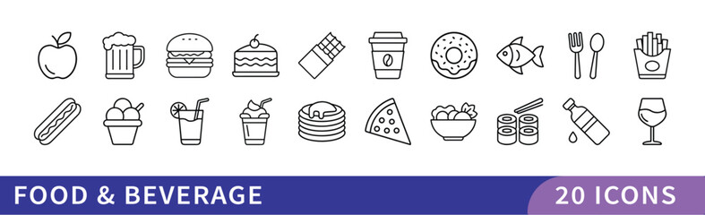 Set of 20 Food & Beverage Icons, A collection of 20 icons representing food and beverages, featuring snacks, drinks, and dining items for culinary and food-related designs.
