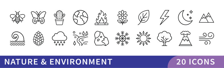 Set of 20 Nature & Environment Icons, A collection of 20 icons representing nature and the environment, featuring wildlife, plants, natural elements, and environmental symbols for sustainability and e
