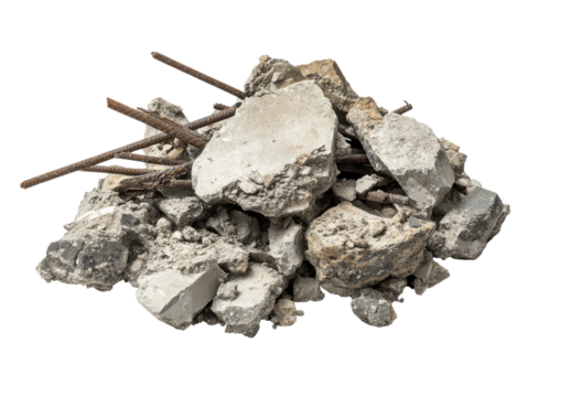 Pile of damaged concrete chunks with embedded metal rods Isolated on a transparent background