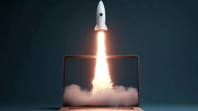 Rocket launching from laptop with dramatic smoke for successful start up business concept