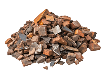 Pile of broken red bricks and masonry debris in irregular shapes Isolated on a transparent background