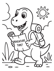 Cartoon dinosaur with backpack reading adventure time map