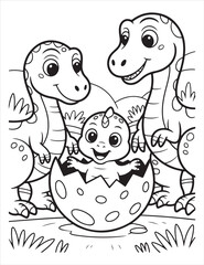 Cartoon dinosaurs with baby hatching from egg illustration