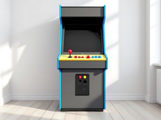 Modern arcade machine with colorful buttons in a clean minimalist setting. Ideal for gaming themes, UI/UX mockups, or advertising templates