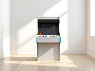 Modern arcade machine with colorful buttons in a clean minimalist setting. Ideal for gaming themes, UI/UX mockups, or advertising templates