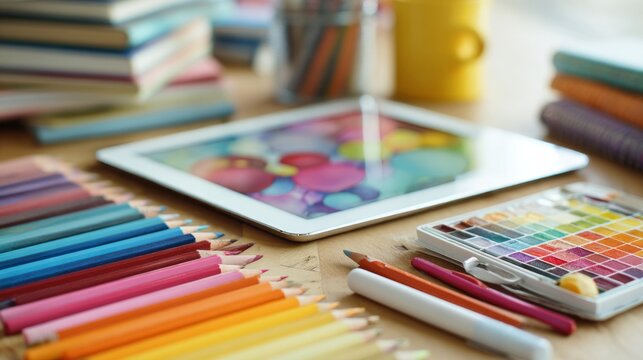 Colored pencils, watercolor palette, and tablet with vivid screen lie on a wooden desk, surrounded by notebooks and art tools, concept of creativity