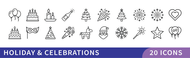Holiday and Celebrations Icon Set, A set of 20 icons for holidays and celebrations, including balloons, cakes, gifts, Christmas trees, and festive decorations.
