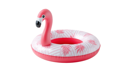 Inflatable pink flamingo pool float isolated on transparent background with tropical leaf design