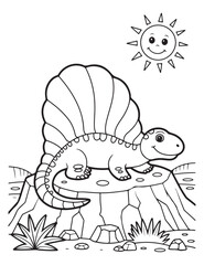Dinosaur with sail on back coloring page with sun and rocks