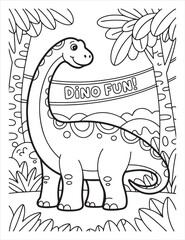 Dinosaur coloring page with trees and dino fun banner © sumit