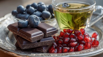 Dark chocolate squares, green tea, blueberries. Dark chocolate with blueberries, pomegranate seeds and green tea on ornate silver tray, concept of healthy gourmet snack.