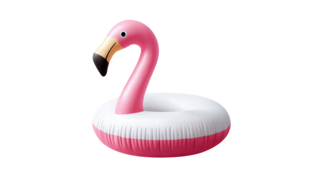 Inflatable pink flamingo pool float isolated on transparent background with water drops