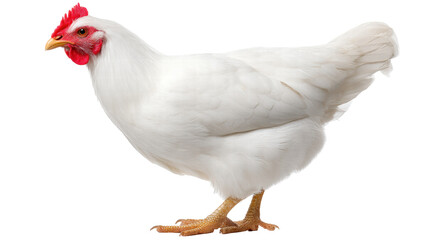 Fototapeta premium White chicken isolated on transparent background with detailed feathers and red comb