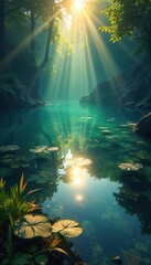 Fototapeta premium Sunlit Lake Reflections Shimmering Underwater Plants and Tranquil Serenity