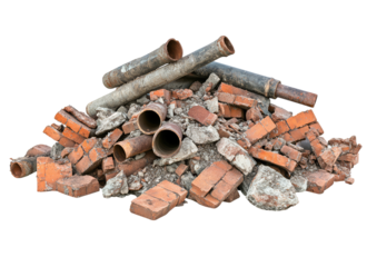Construction demolition debris including bricks, pipes, and metal scraps Isolated on a transparent background
