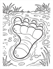 Cartoon footprint in mud coloring page with grass around