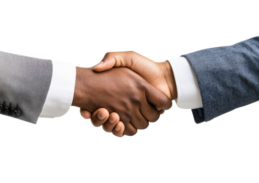 Business handshake between two people in formal suits as agreement gesture Isolated on a transparent background