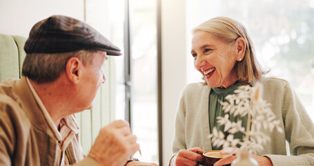 Coffee, happy or old couple in cafe on date together in retirement for love, breakfast or talk....