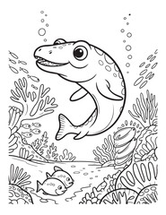 Cartoon plesiosaur swimming in the ocean coloring page