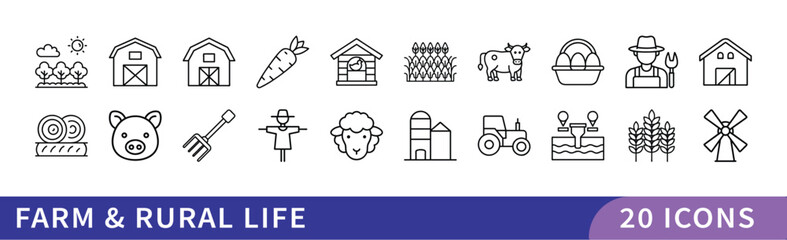 Set of 20 Farm & Rural Life Icons, A collection of 20 icons representing farm and rural life, featuring farming tools, animals, and agricultural symbols for rural lifestyle and farming-related designs