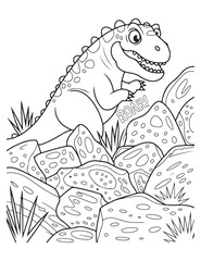 Cartoon dinosaur roaring among rocks in black and white line