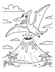 Cartoon pterodactyl flying over volcano coloring page art © sumit