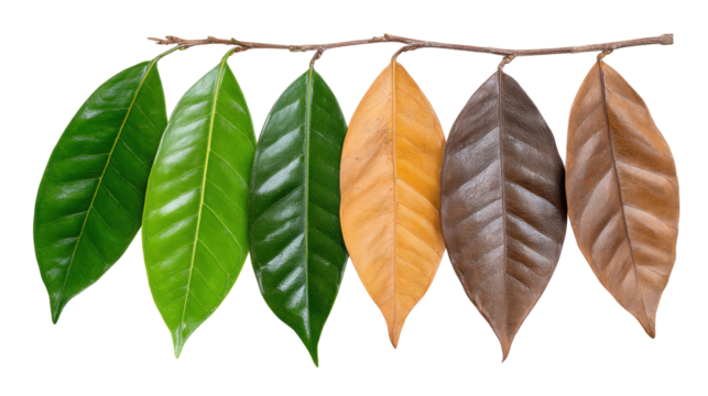 Isolated leaves on branch showing green to brown color transition on transparent background