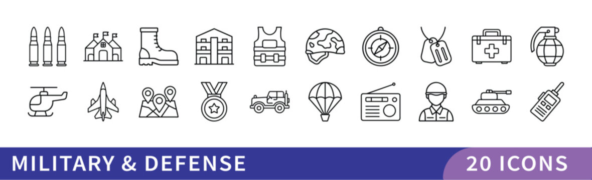 Set of 20 Military & Defense Icons, A collection of 20 icons representing military and defense, featuring weapons, vehicles, and tactical symbols for defense, security, and military-related designs.
