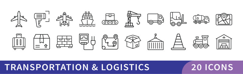 Set of 20 Transportation & Logistics Icons, A collection of 20 icons representing transportation and logistics, featuring vehicles, shipping, and cargo symbols for logistics and supply chain projects.